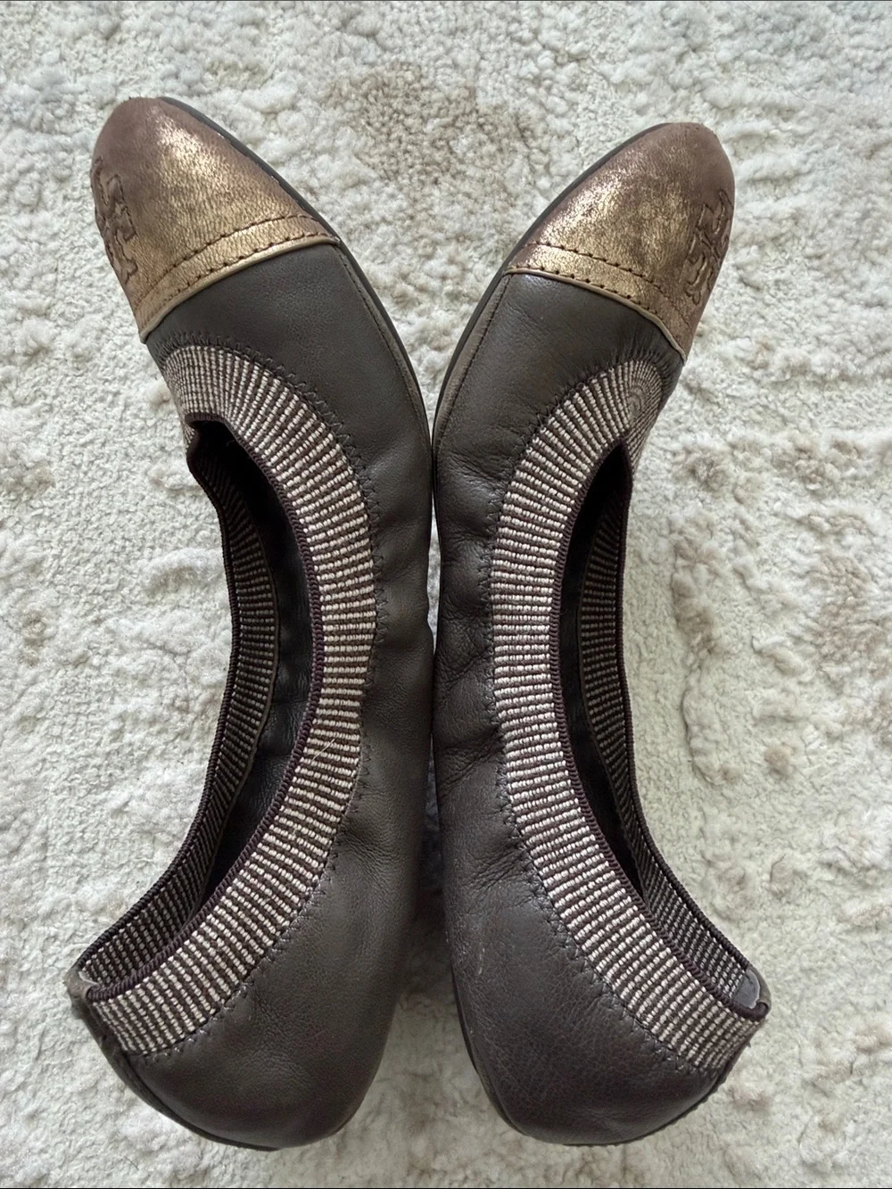 Tory Burch Brown Leather Ballet Flats with Gold Toe Caps